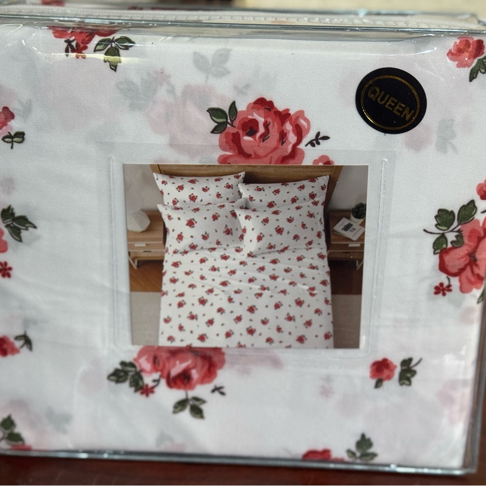 New Floral Queen Bedding Set 4PCS sheet set deep pocket White and Red rose